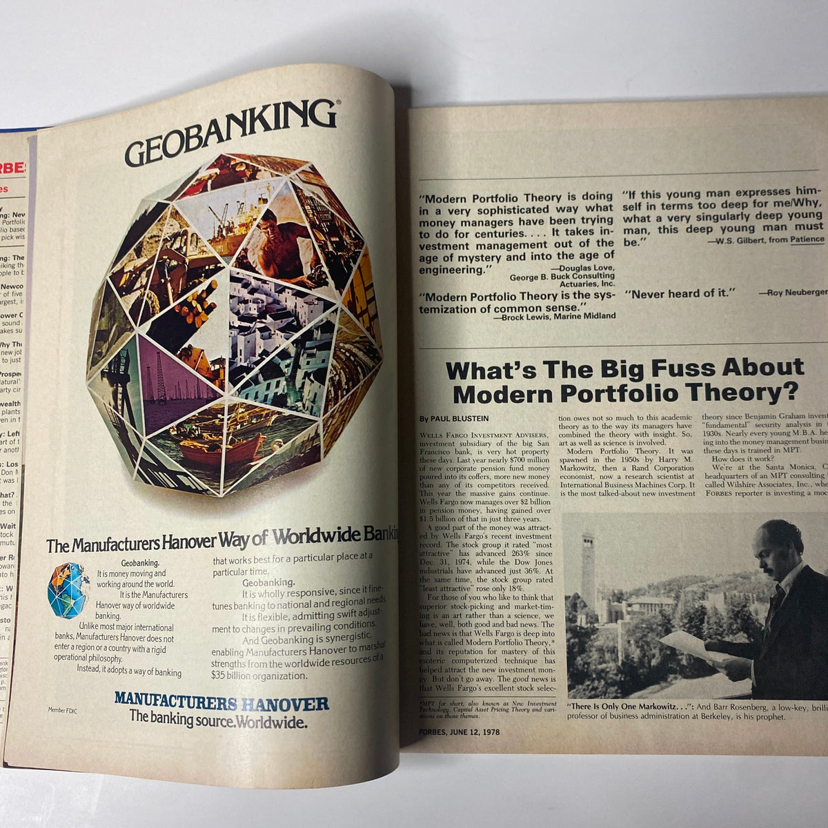 Inside pages of Forbes Magazine from June 12, 1978 discussing Modern Portfolio Theory and its significance in the investment world with images from the article.
