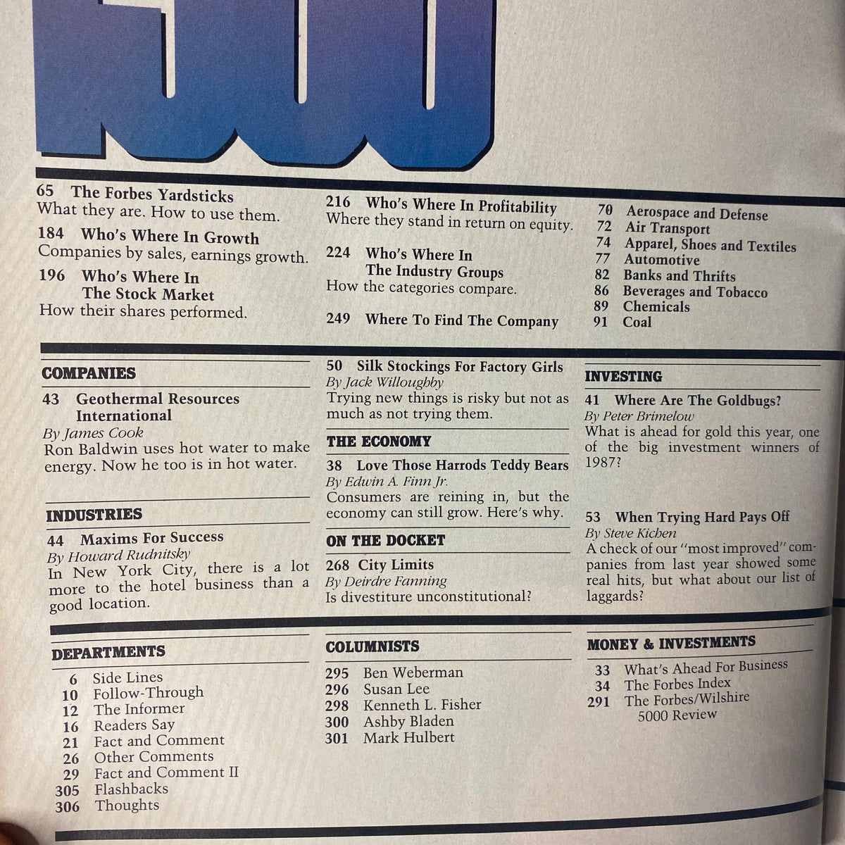 Contents page from Forbes Magazine January 11, 1988 detailing articles on industry insights, economic analysis, and corporate performance in various sectors.