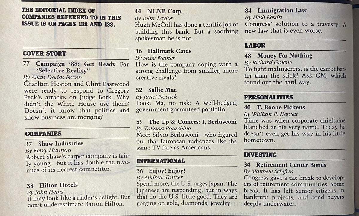 Index page of Forbes Magazine January 25, 1988, listing articles including 'Campaign '88: Get Ready for Selective Reality', highlighting political interactions and company insights during an impactful election year.