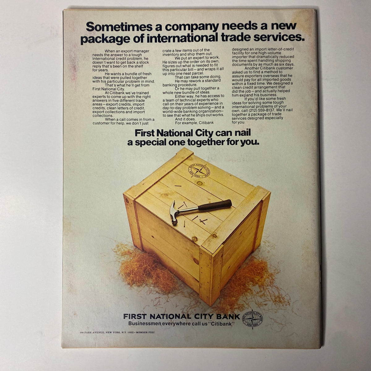 Back cover of Forbes Magazine from December 1, 1972, featuring an advertisement for First National City Bank, promoting international trade services and business solutions.