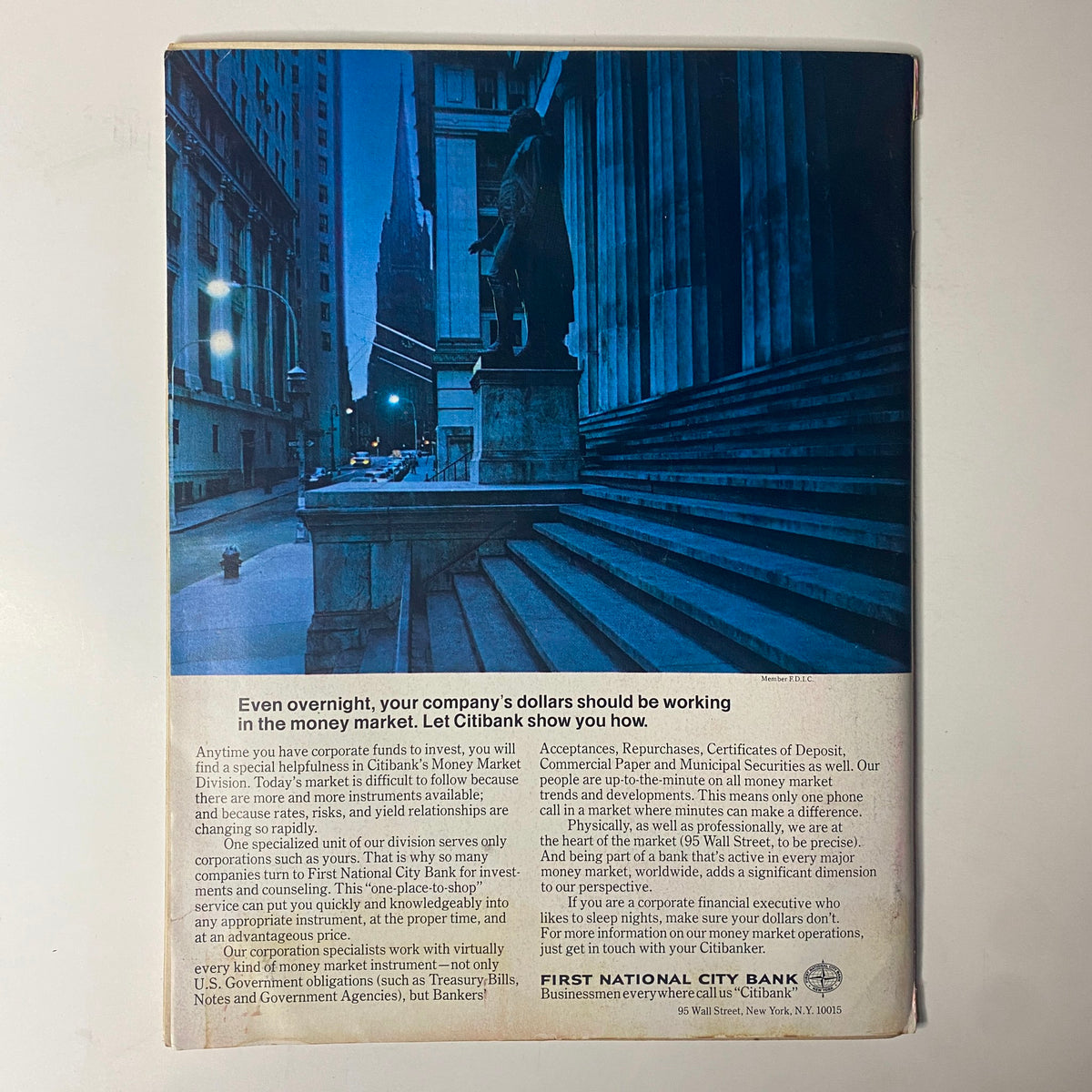 Back cover of Forbes Magazine December 1, 1974 displaying an advertisement for Citibank and its investment services in the money market.