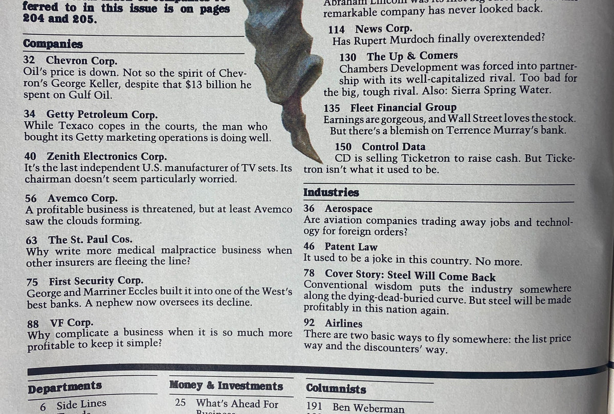 Table of contents page from Forbes Magazine March 10, 1986, highlighting key articles including 'Steel Will Come Back' cover story and insights about major corporations like Chevron and Zenith Electronics.
