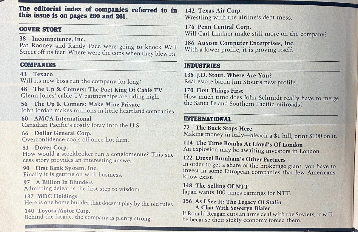 Editorial index page from Forbes Magazine December 1, 1986 listing key articles including 'Incompetence, Inc.' which discusses corporate failures and financial mismanagement headlines associated with Pat Rooney and Randy Pace.