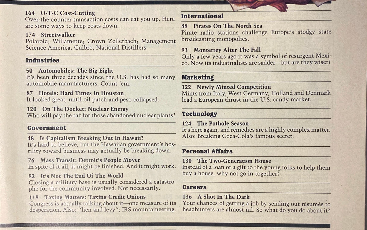 Overview of various industries and topics from Forbes Magazine April 22, 1985, including automotive manufacturers and nuclear energy discussions.