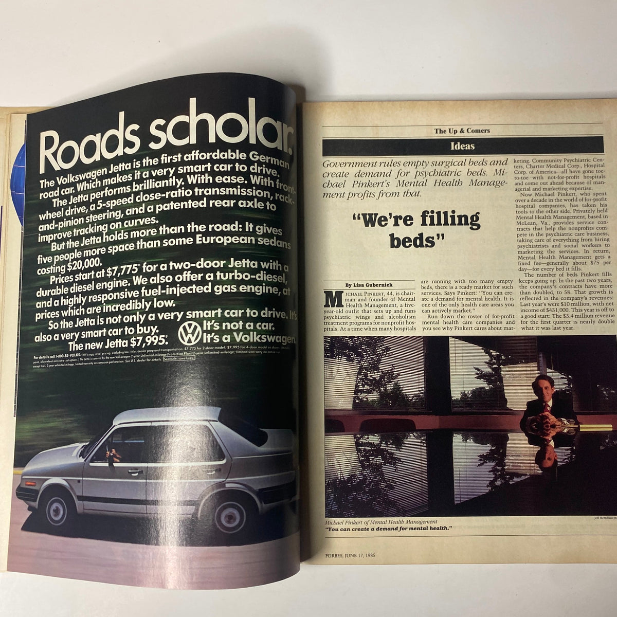 Inside spread of Forbes Magazine June 17, 1985 showcasing an advertisement for the Volkswagen Jetta alongside an article on mental health management, emphasizing 1980s consumerism.