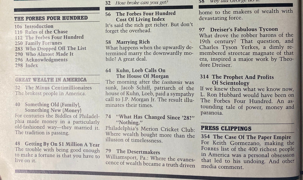 Table of contents page from Forbes Magazine 1986, listing articles, including 'The Forbes Four Hundred', insights on America's wealth, and features discussing the economic landscape of the time.