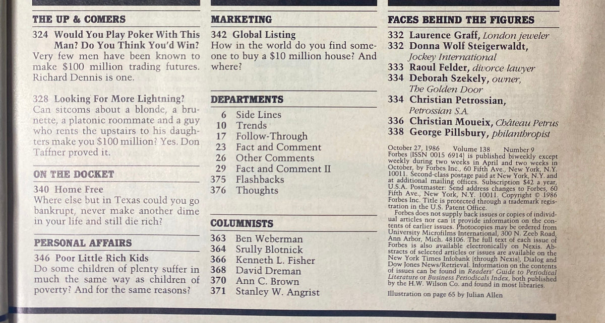 Marketing and trends pages from Forbes Magazine 1986, highlighting various segments such as 'The Up & Comers' and global listings, showcasing the magazine's focus on wealth and economic discussions.