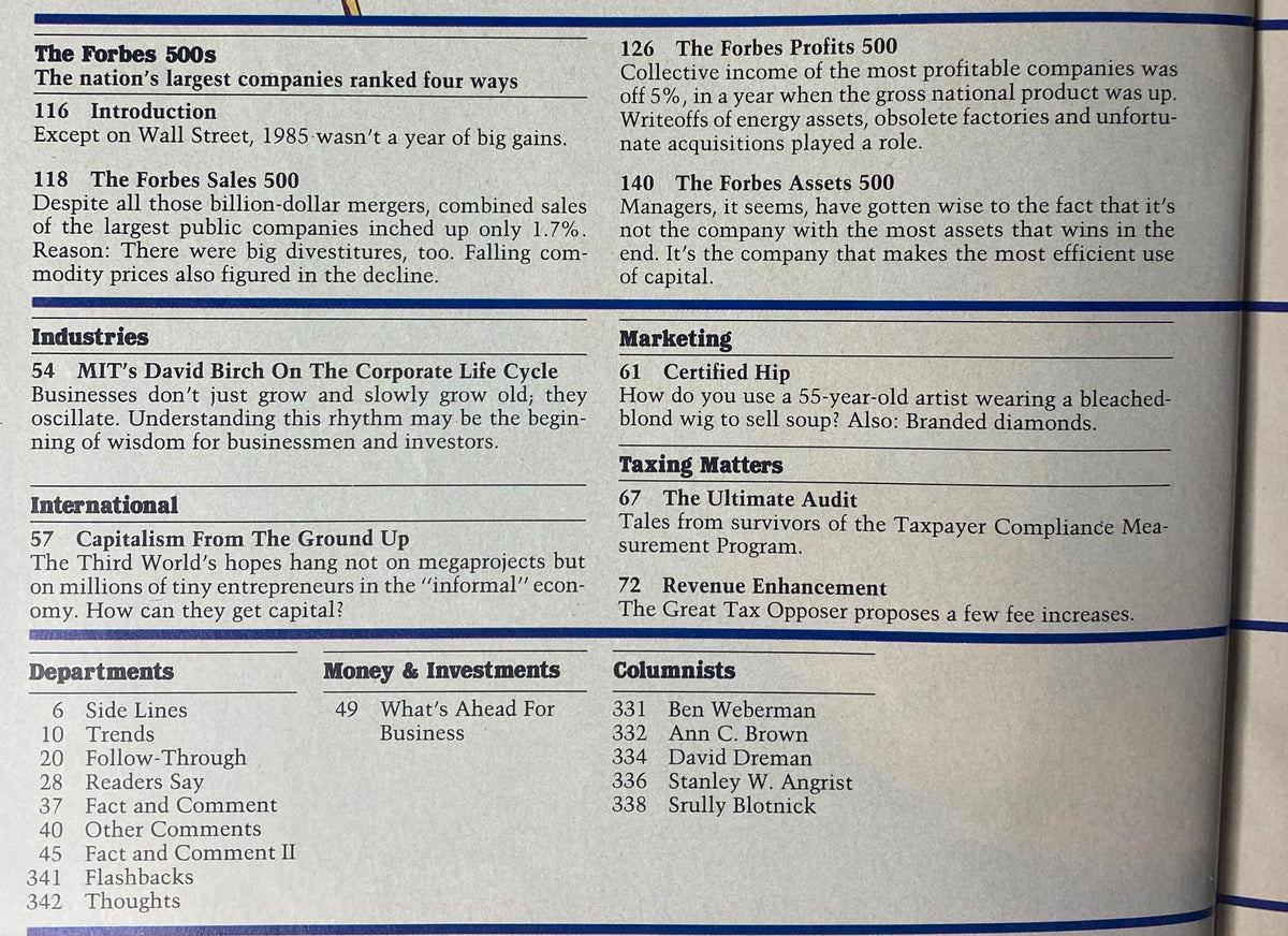 Interior page from Forbes Magazine 1986, showcasing sections of The Forbes 500s Annual Directory, including insights on the nation's largest companies ranked by various metrics.