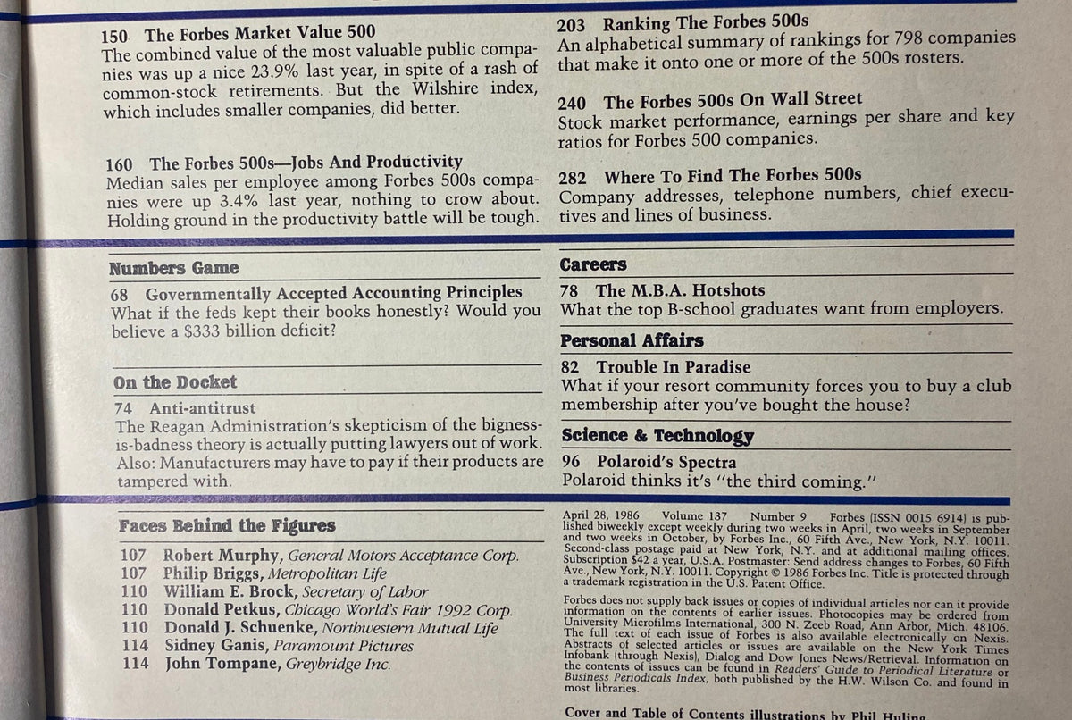Another interior page from Forbes Magazine 1986, detailing lists and explanations related to the Forbes 500s Annual Directory rankings and business performance.