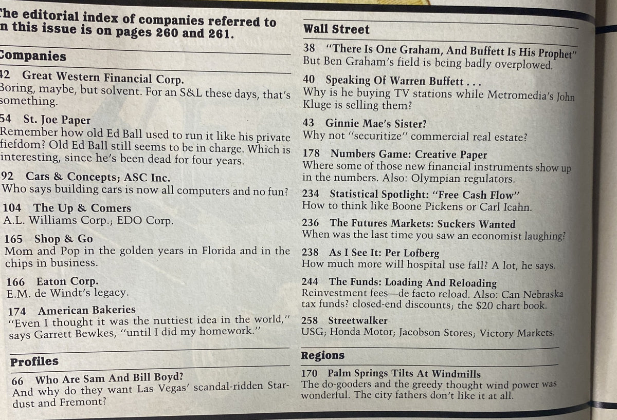 An editorial index page from the June 3, 1985 issue of Forbes Magazine, listing companies such as Great Western Financial Corp. and St. Joe Paper, showcasing topics related to economic trends.