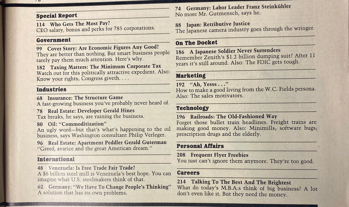 A page from the June 3, 1985 Forbes Magazine featuring a special report on economic figures and corporate strategies relevant to businesses, highlighting insights into the 1980s economic landscape.