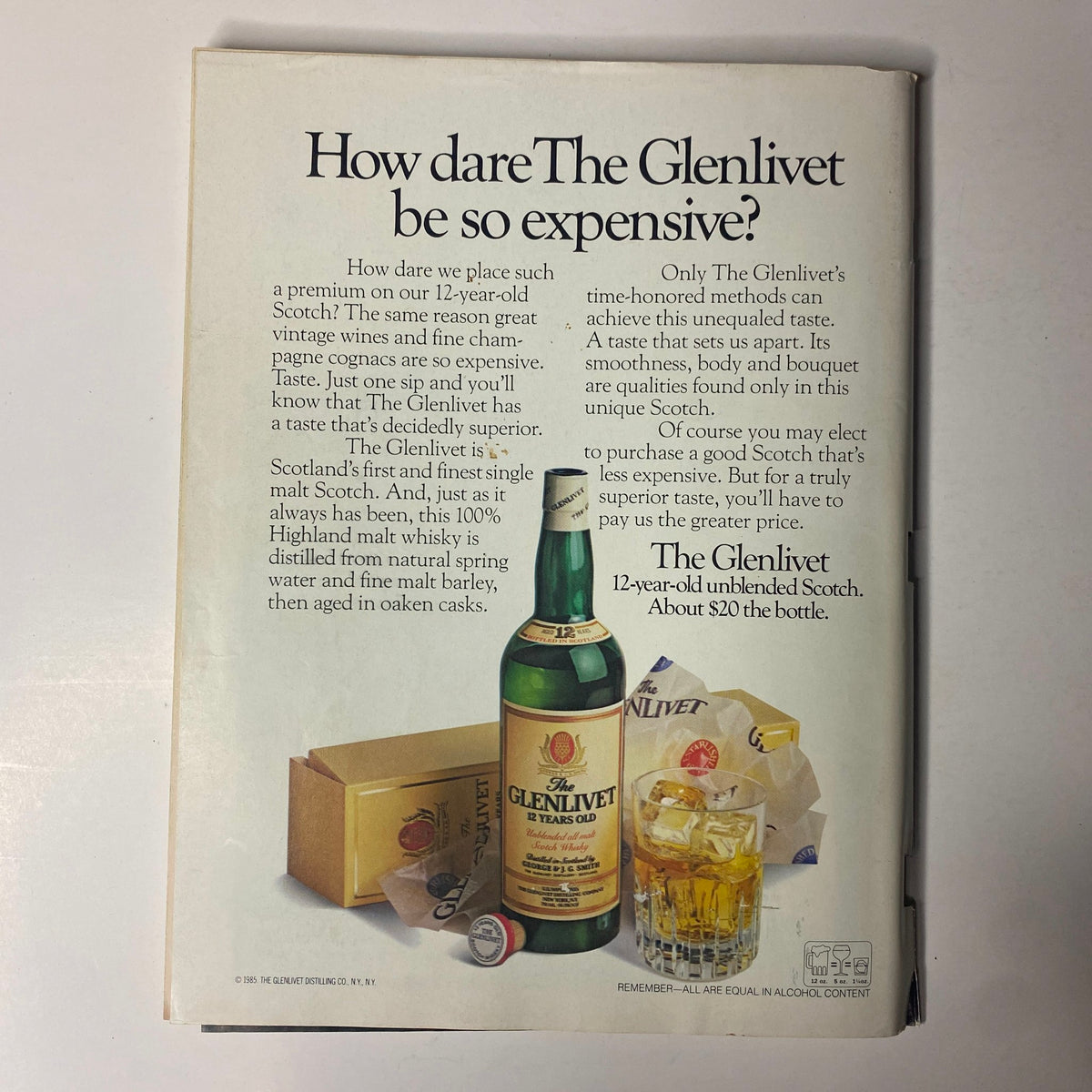 A product advertisement from the June 3, 1985 issue of Forbes Magazine for The Glenlivet 12-year-old Scotch whisky, highlighting its premium quality and superior taste.