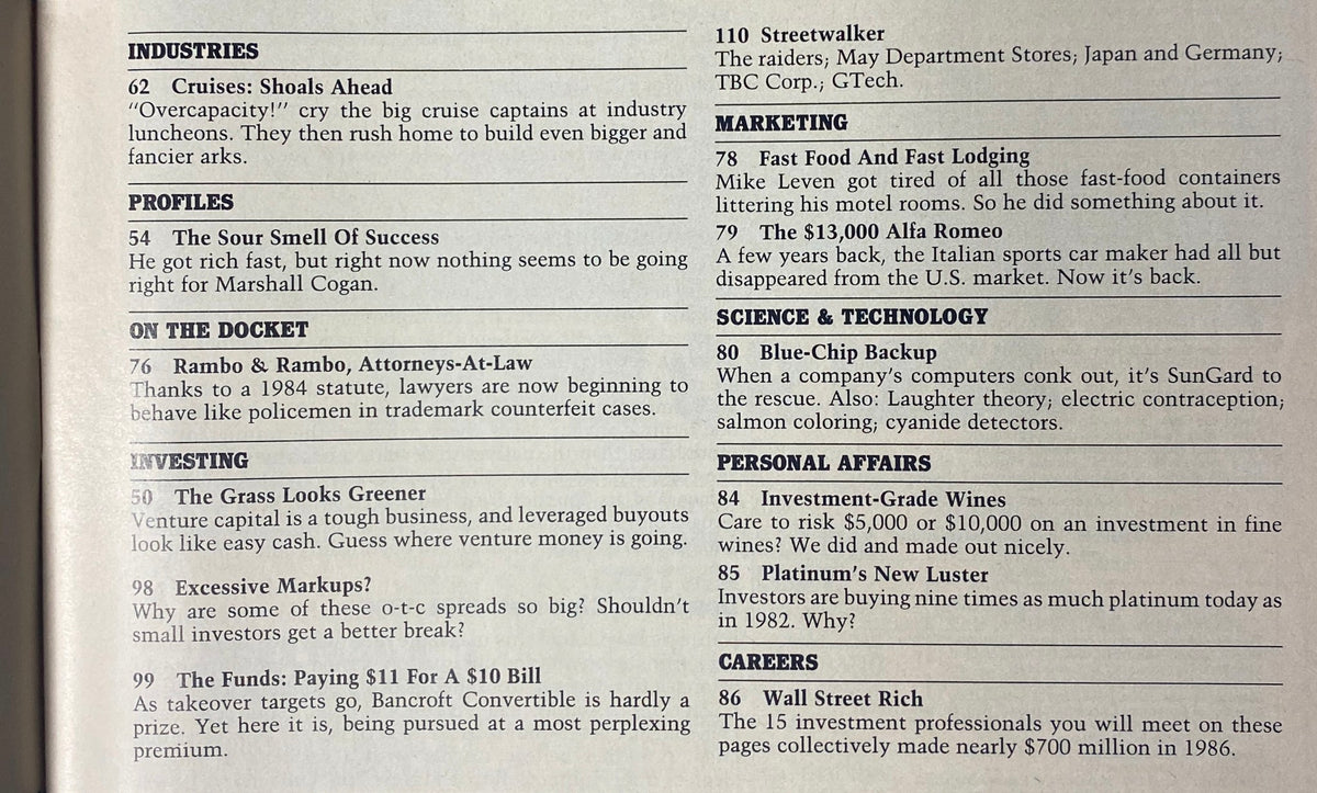 Another page from Forbes Magazine January 26, 1987, showcasing various industries and profiles, emphasizing the economic landscape of the 1980s.
