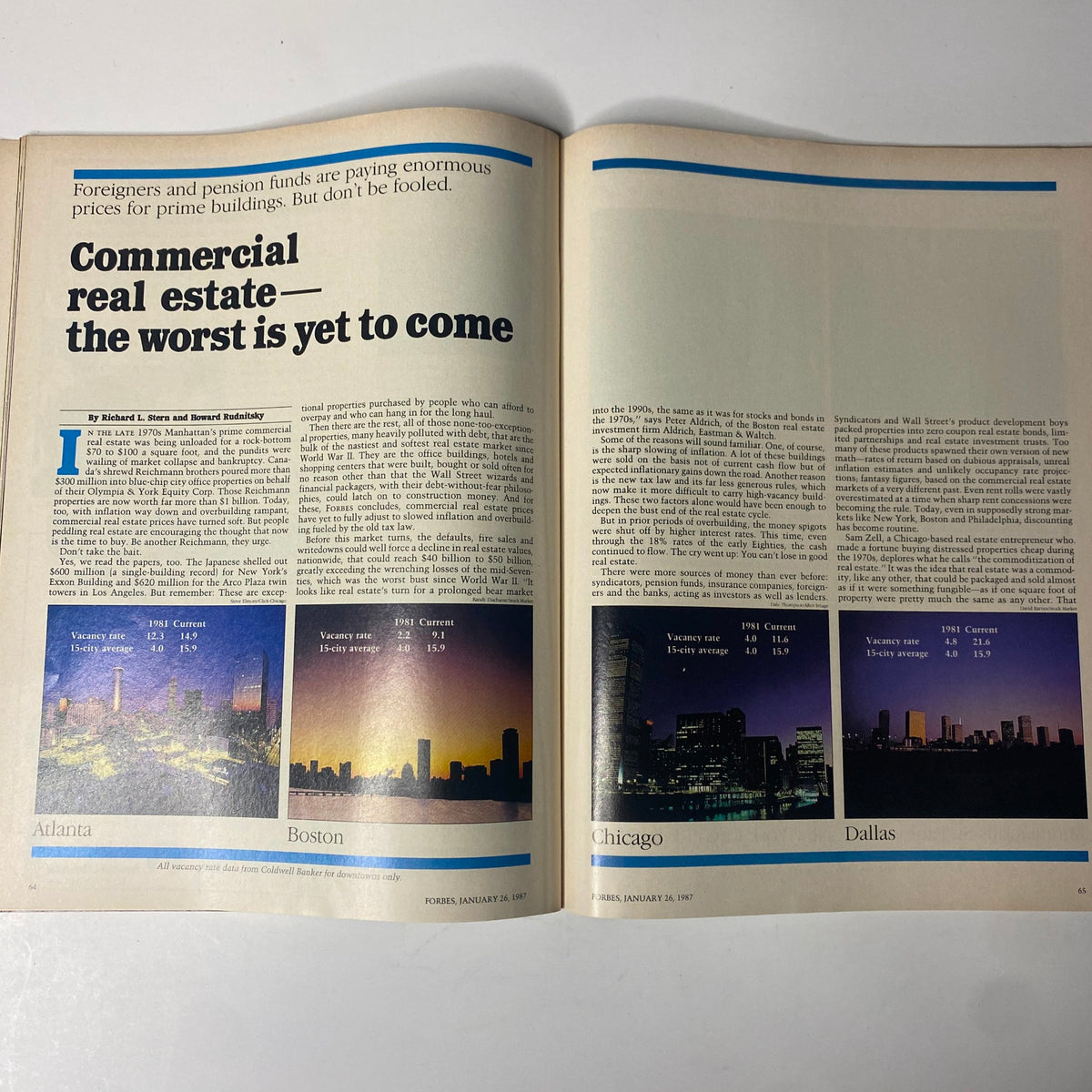 Interior spread from Forbes Magazine January 26, 1987, discussing commercial real estate with graphics of major cities showing vacancy rates.