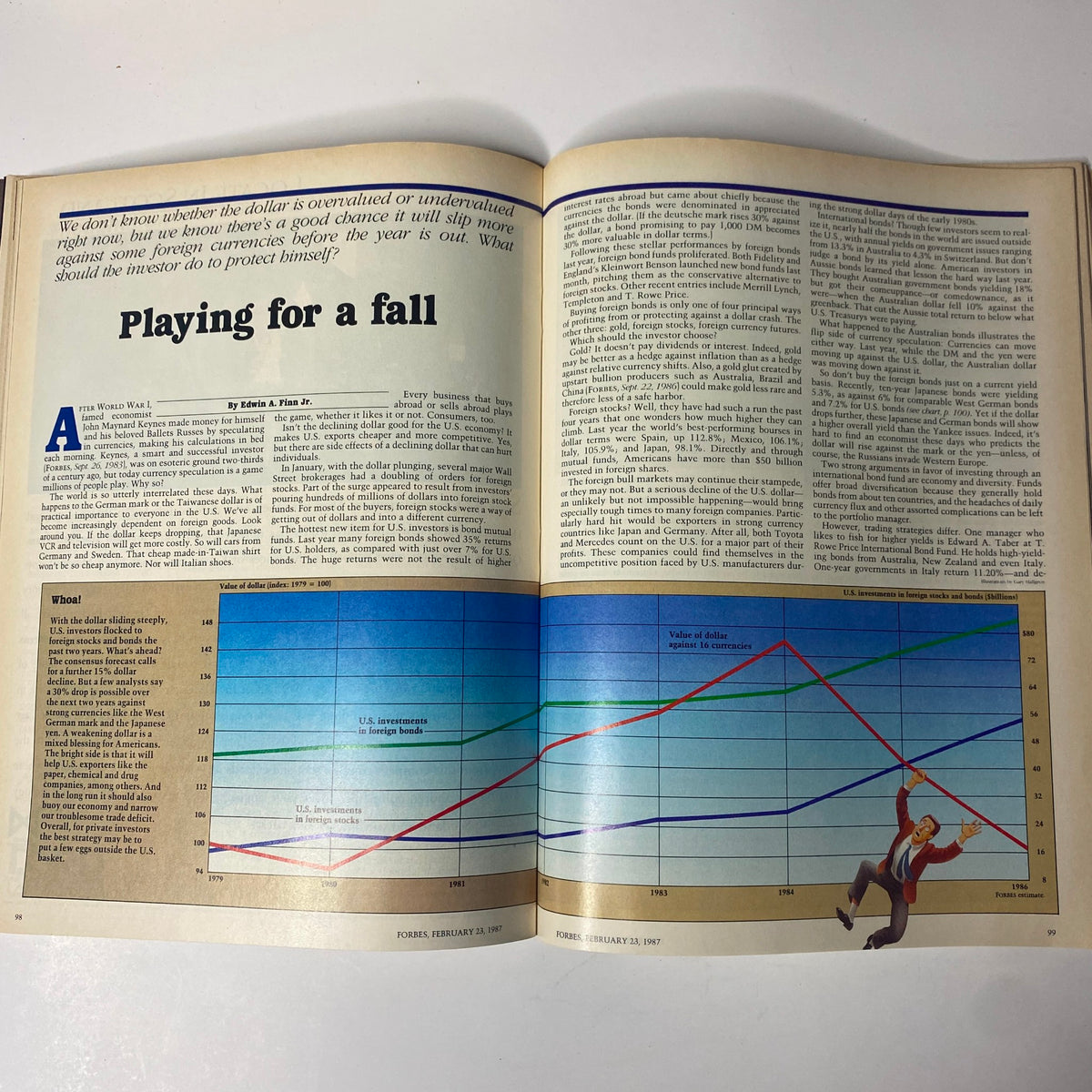Feature article titled 'Playing for a Fall' from Forbes Magazine February 23, 1987 discussing the potential decline of the U.S. dollar with accompanying graphs.