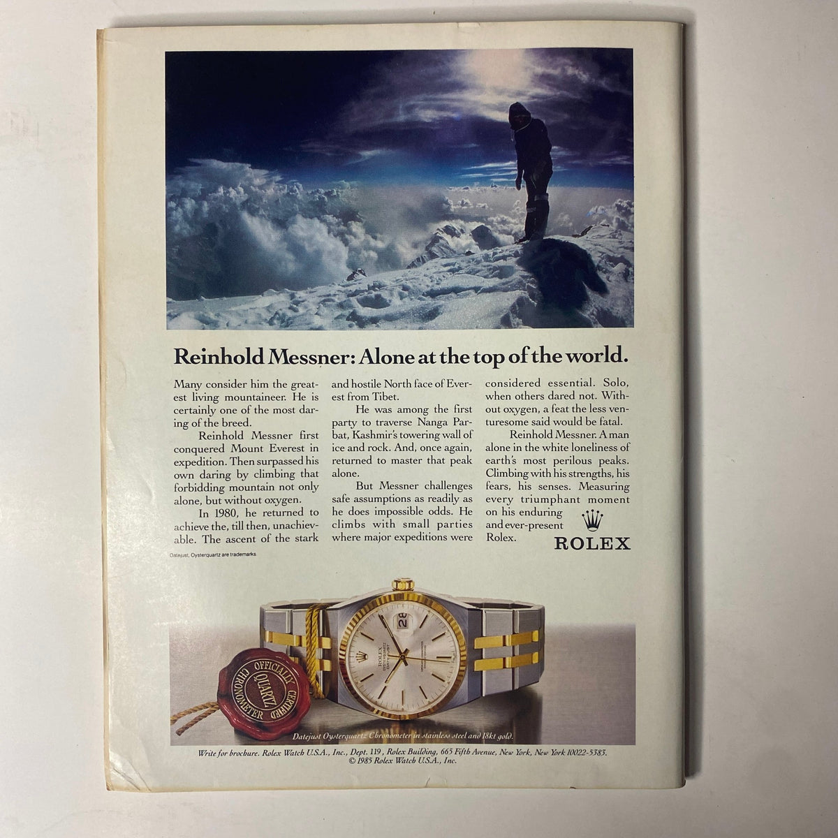 Advertisement for Rolex featuring renowned mountaineer Reinhold Messner, showcasing the Rolex watch in Forbes Magazine February 23, 1987.