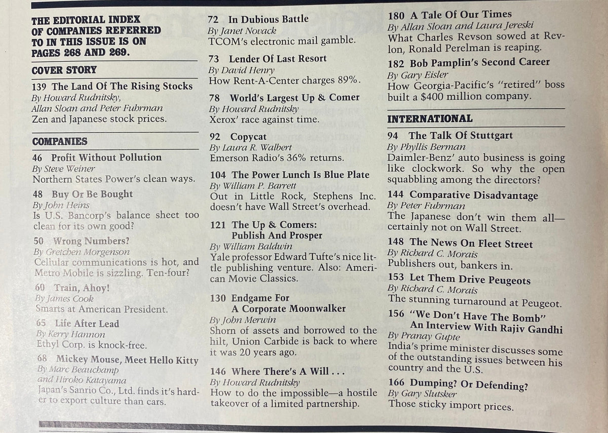Table of contents page from Forbes Magazine May 18, 1987, detailing various articles including 'The Land of the Rising Stocks'.