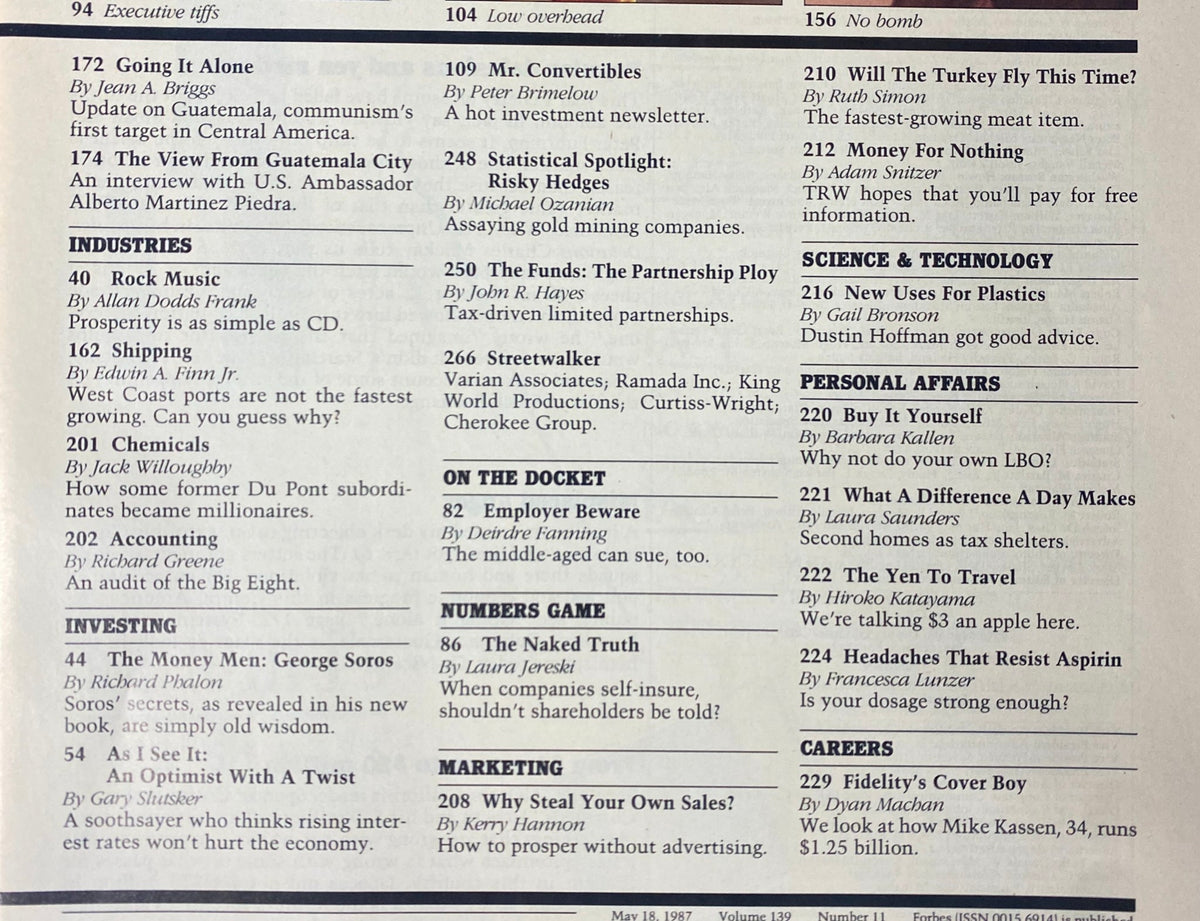 Another table of contents page from Forbes Magazine May 18, 1987 showcasing articles and features on businesses and investments.