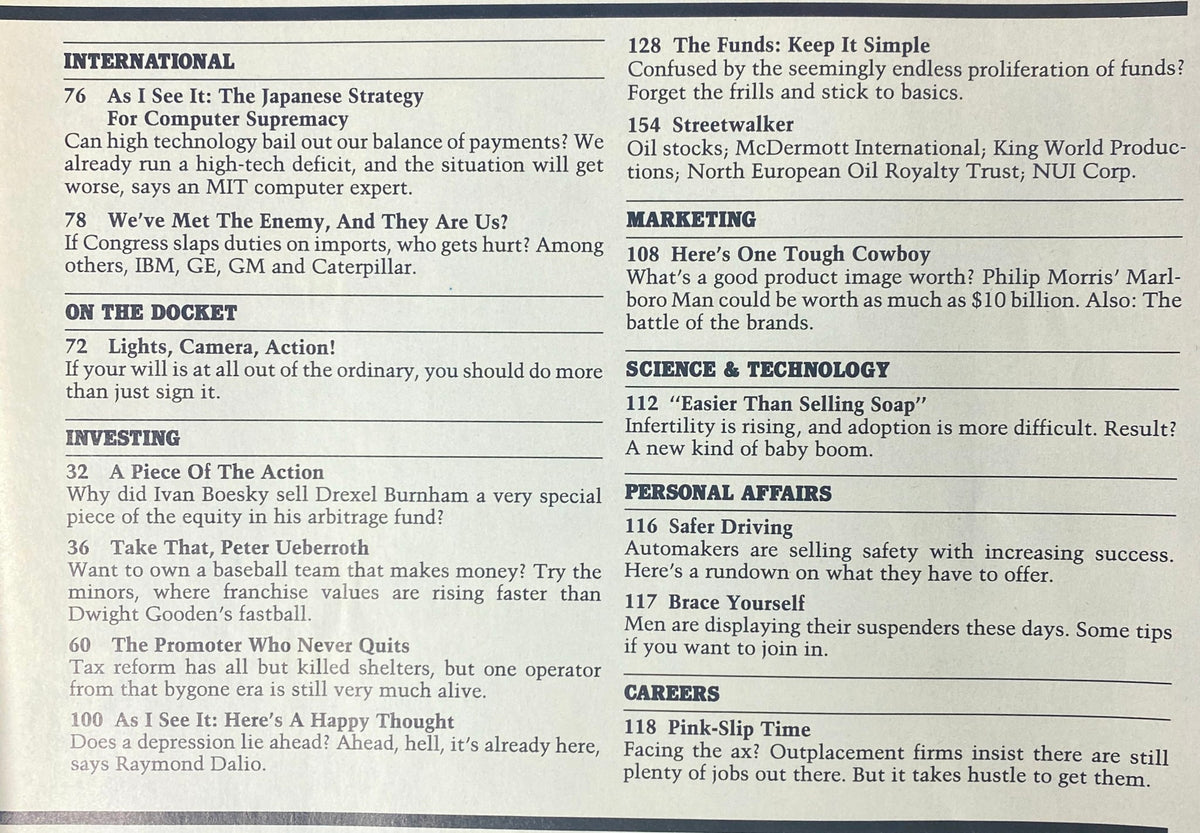 Interior page from Forbes Magazine February 9, 1987, displaying sections on international topics and investing strategies, emphasizing economic commentary.