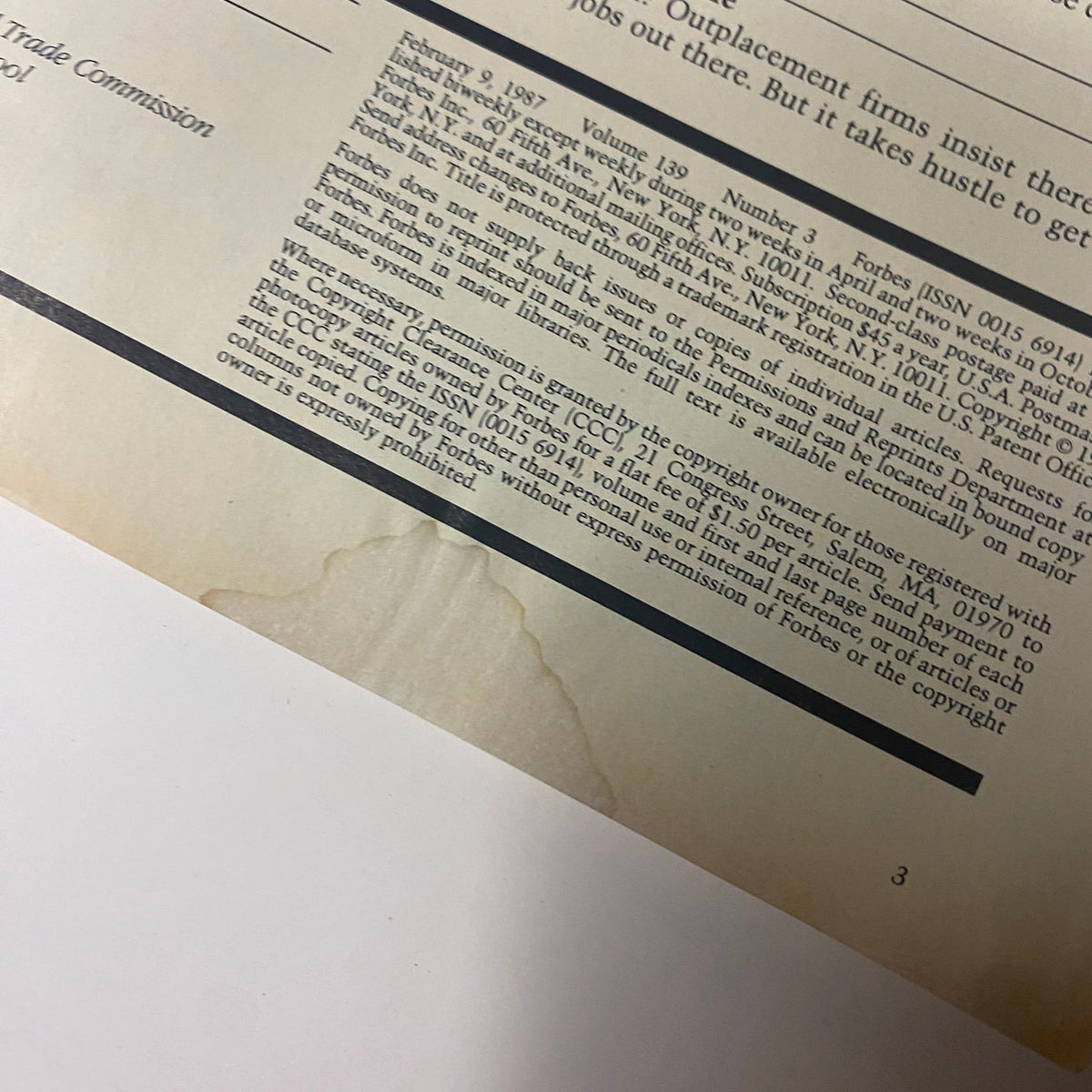 Back page of Forbes Magazine February 9, 1987, showing publication information and minor wear typical for its vintage age.