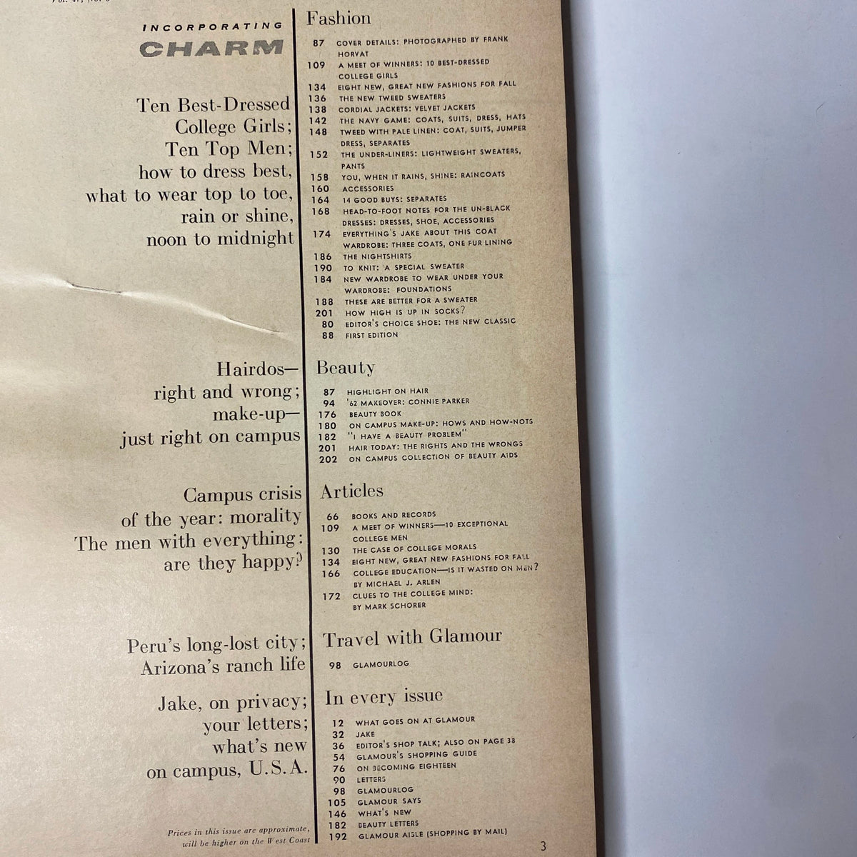 Interior page from Glamour Magazine August 1962, listing contents including features on America's 10 Best-Dressed College Girls, fashion trends, beauty tips, and articles relevant to college life.