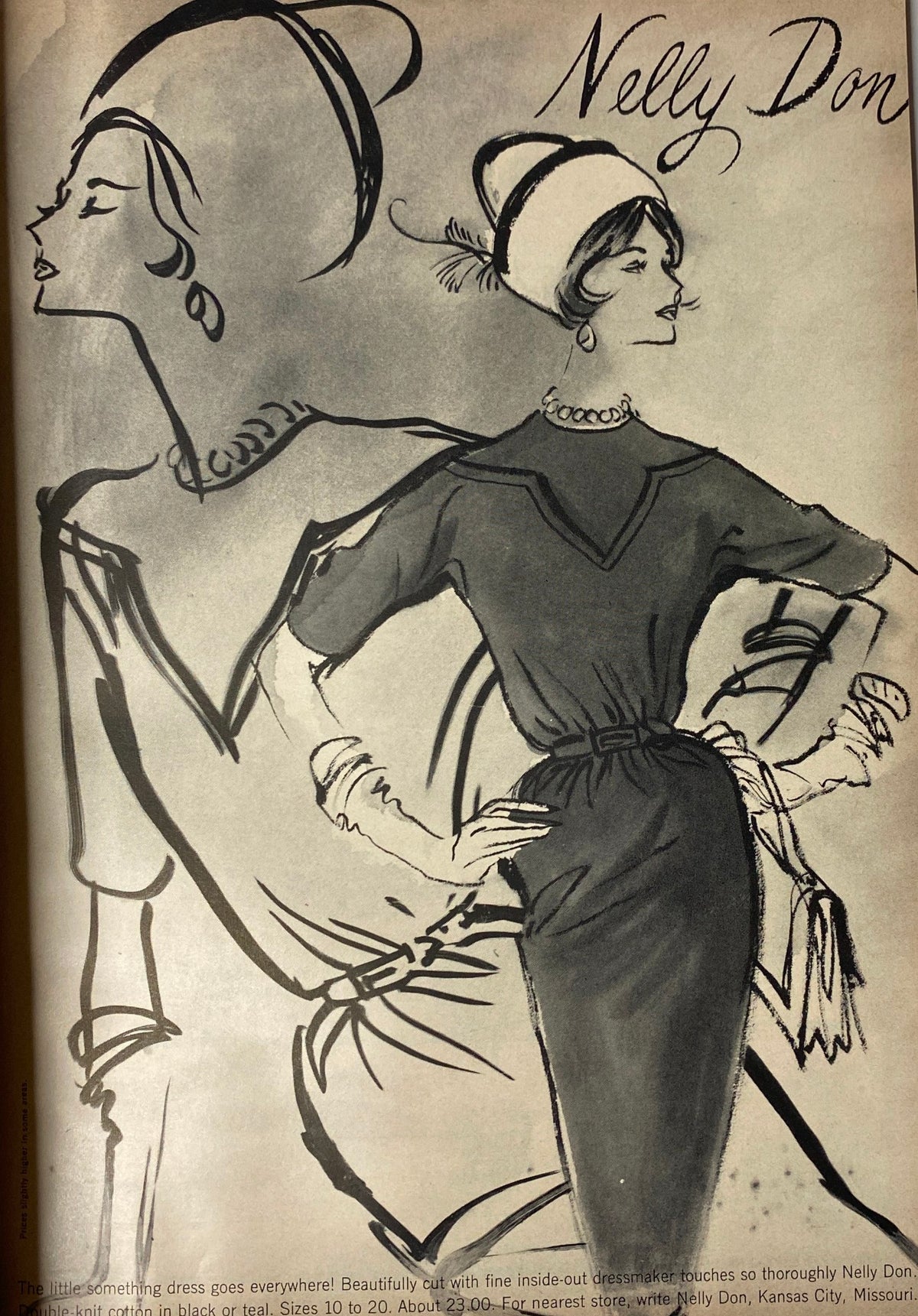 Glamour Magazine August 1962 featuring a vintage illustration by Nelly Don showcasing elegant women's fashion, highlighting sophisticated dress styles typical of the era.