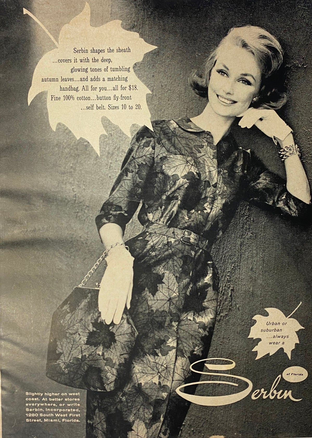 Glamour Magazine August 1962 featuring a stylish Serbin dress advertisement with a model posing in a floral ensemble, emphasizing early 60s fashion trends.