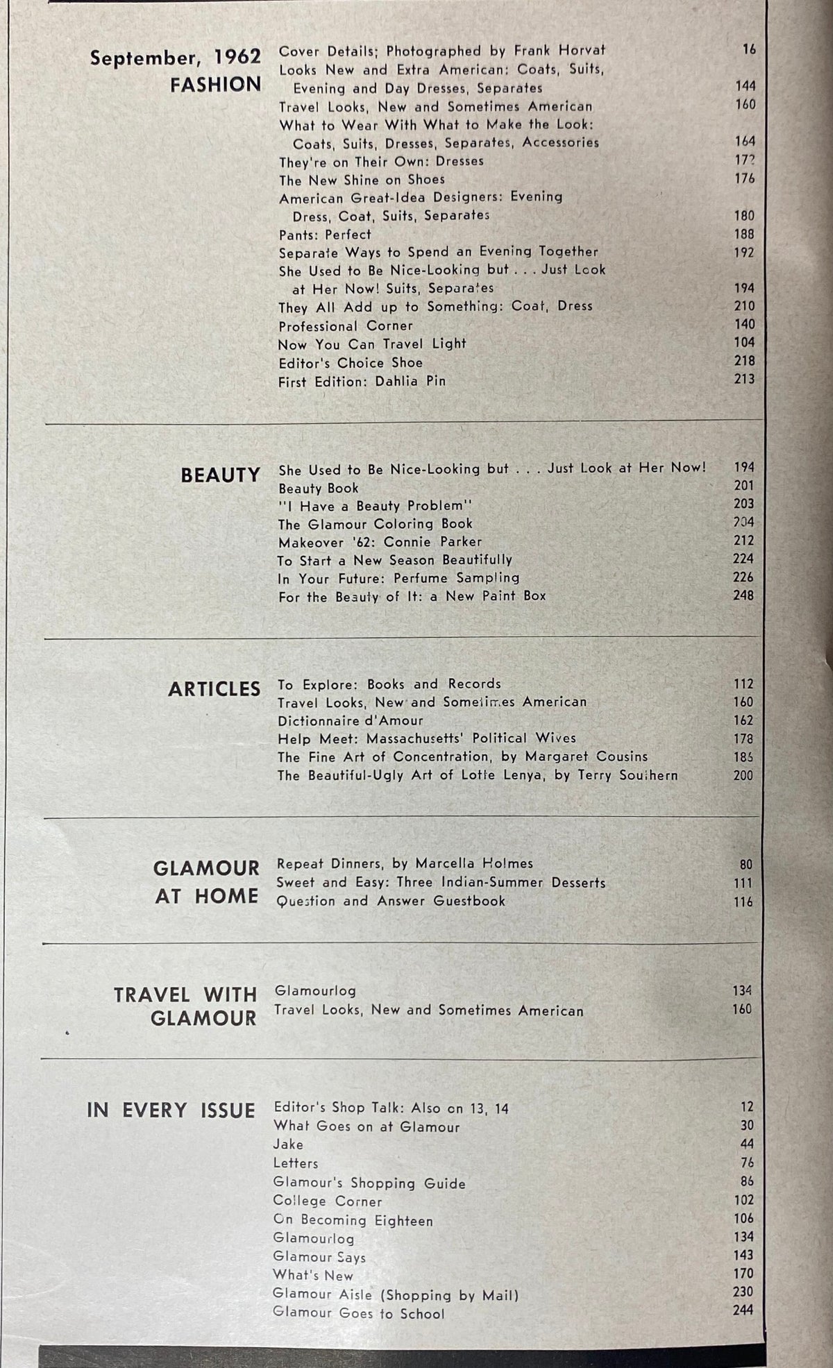 Table of contents page from Glamour Magazine September 1962 displaying sections on fashion, beauty, and articles, showcasing the magazine's diverse content.