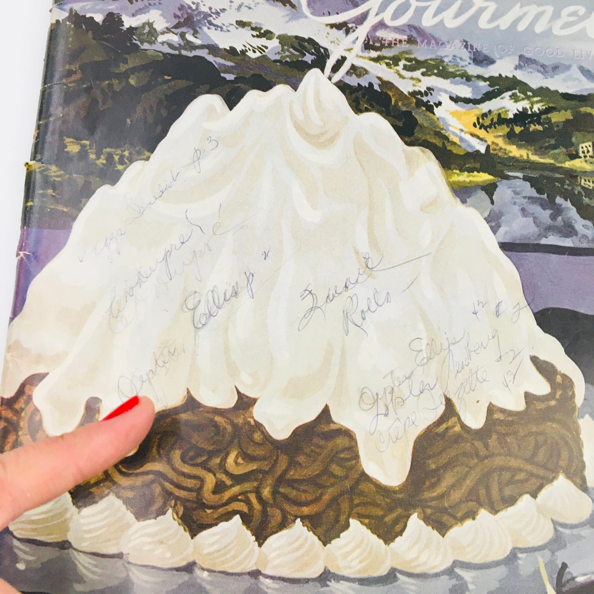 Cover detail of Gourmet The Magazine of Good Living November 1951 featuring a dessert decoration and handwritten notes, showcasing the culinary elegance from the 1950s.