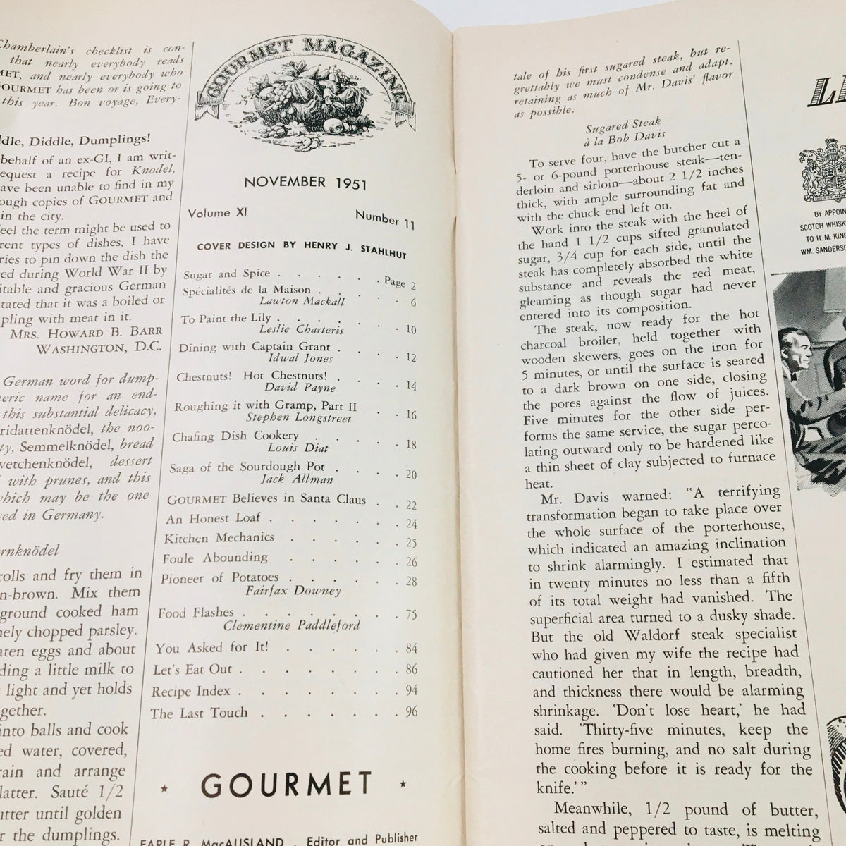 Table of contents page from Gourmet The Magazine of Good Living November 1951, detailing various culinary articles and recipes, reflecting the magazine's focus on gourmet dining.