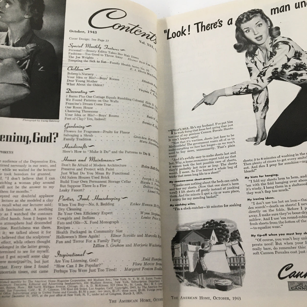 Contents page of VTG The American Home Magazine, October 1943, showcasing various articles including home maintenance and gardening tips, along with an illustration of a woman pointing and the text 'Look! There’s a man un...'