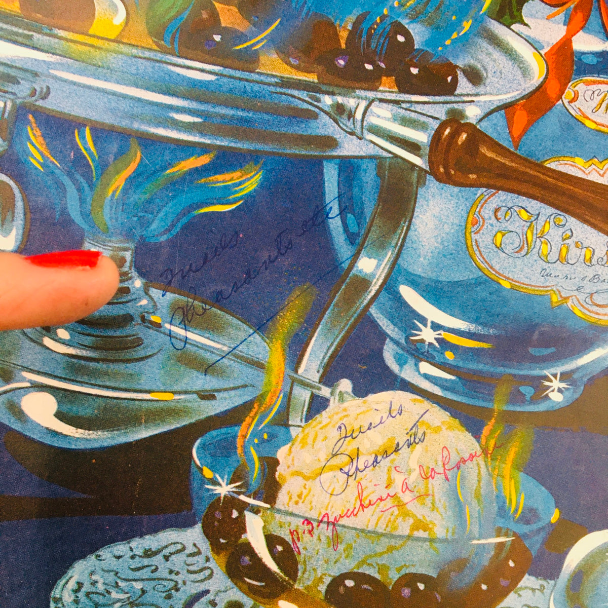 Close-up of the Gourmet Magazine December 1949 cover, highlighting handwritten notes and elements of the vintage design, showcasing the magazine's historical significance in culinary art.