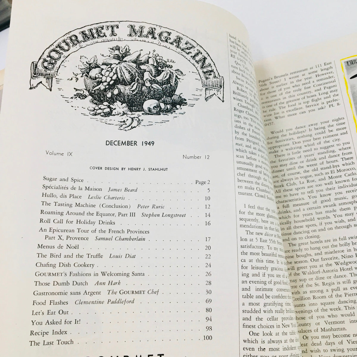 Cover page of Gourmet Magazine December 1949, Volume 9 Issue 12, featuring vintage design and illustrations related to gourmet food and dining.