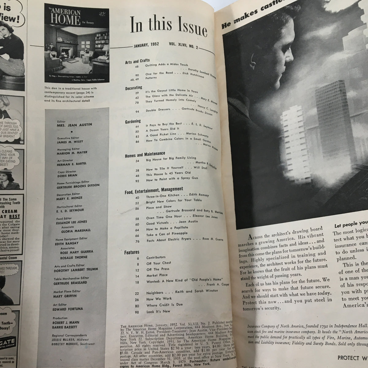 Interior page of VTG The American Home Magazine January 1952, showcasing articles including a guide on how to paint with a spray gun.
