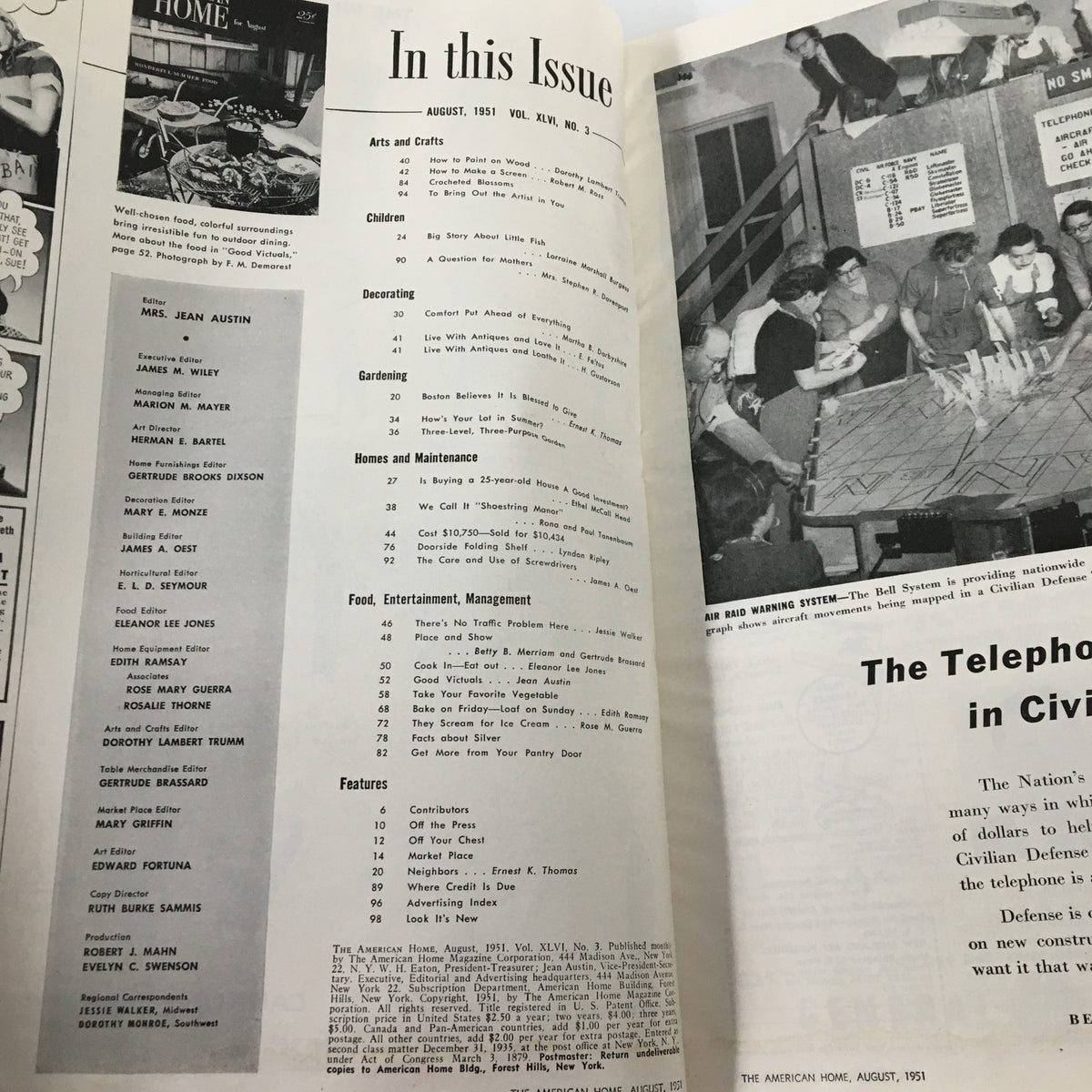 Inside page of VTG The American Home Magazine August 1951 displaying the table of contents and features including 'Big Story About Little Fish' article, showcasing mid-century American culture and lifestyle.