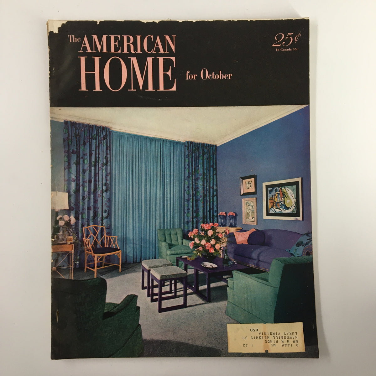 Cover image of VTG The American Home Magazine October 1951 featuring mid-century modern interior design with green furniture, floral curtains, and a cozy living space.
