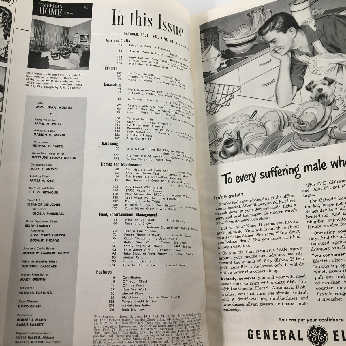 Interior page of VTG The American Home Magazine October 1951 showcasing the table of contents with featured articles related to home design and lifestyle.