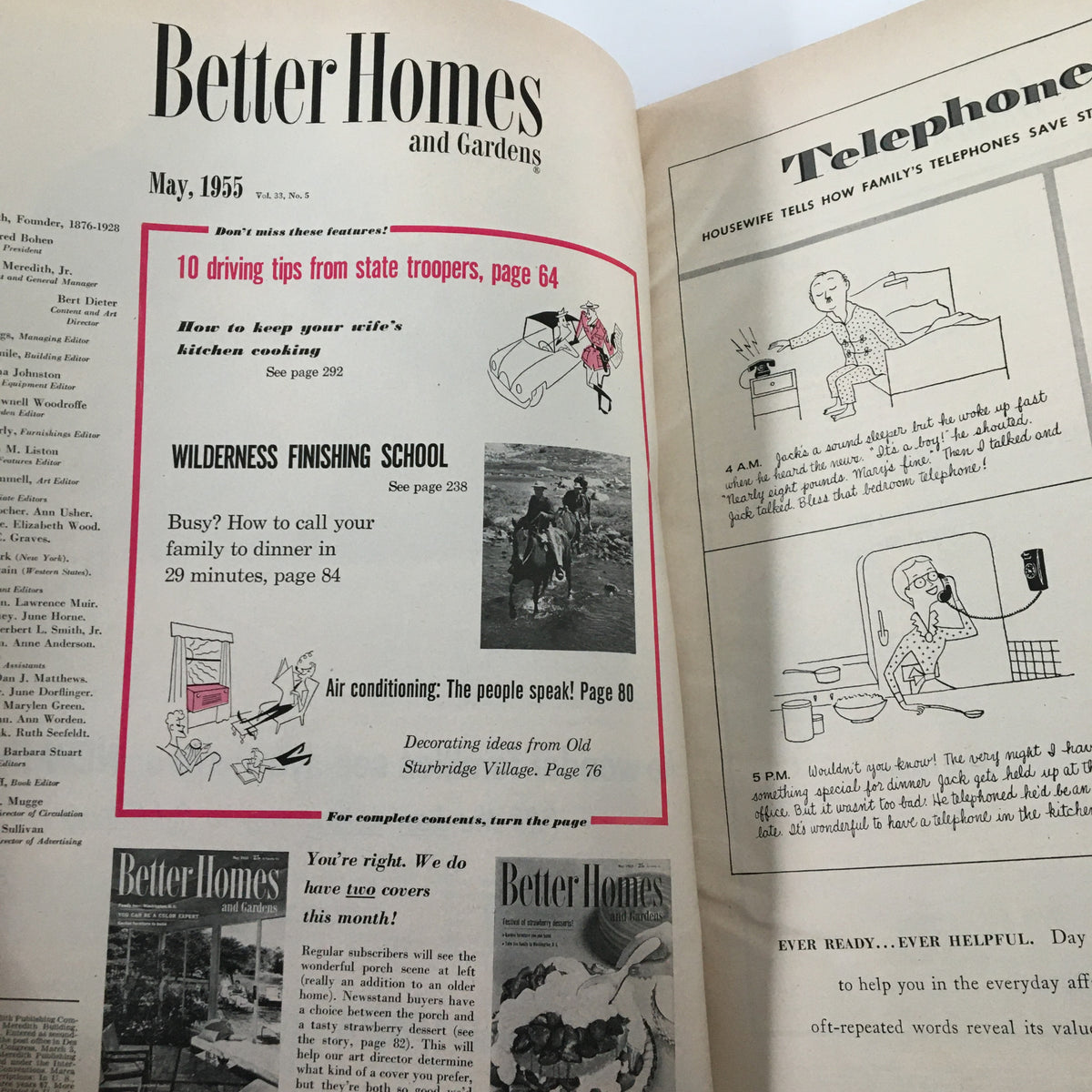 Interior page of VTG Better Homes & Gardens Magazine May 1955, displaying contents and features including design tips and articles.