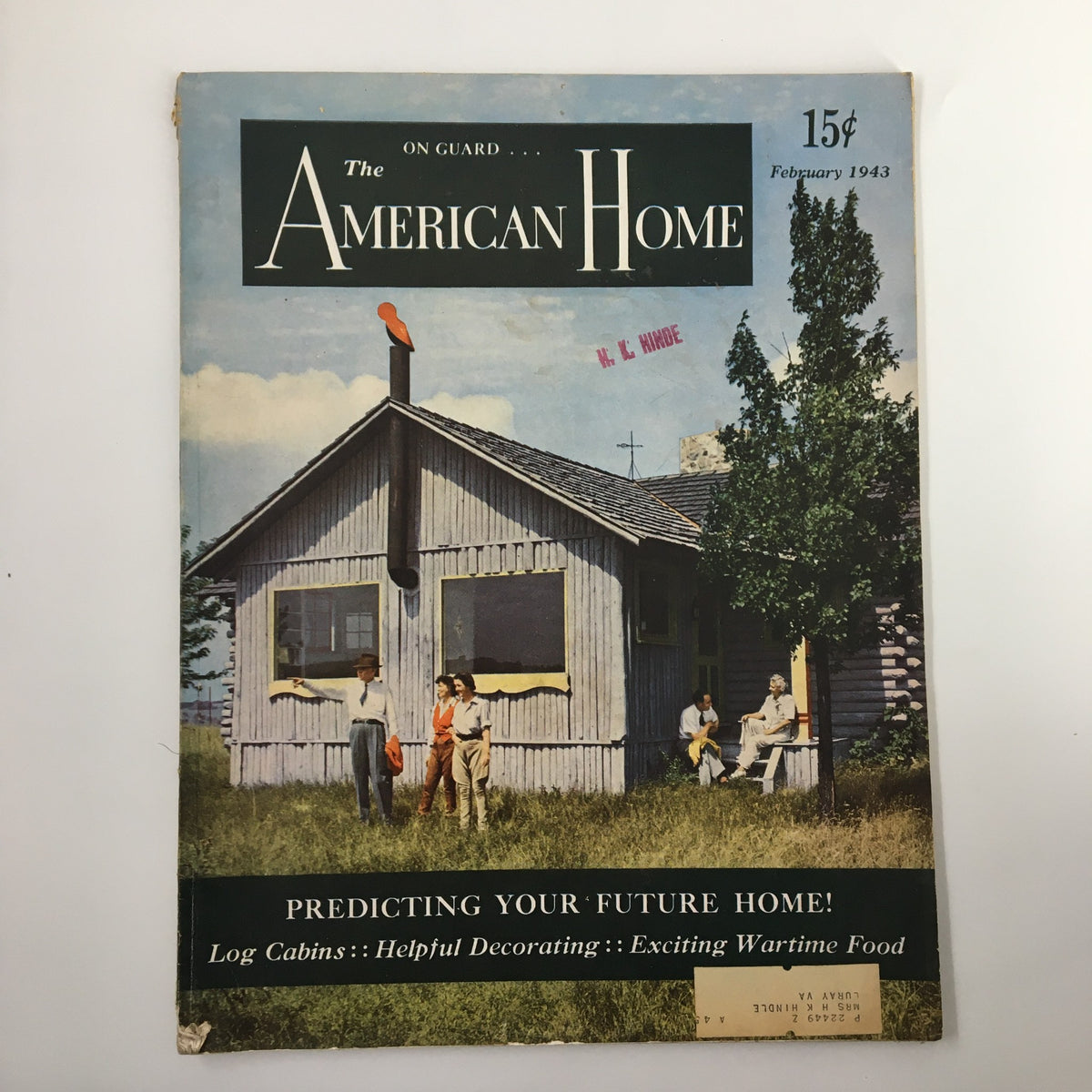 Cover of the February 1943 issue of The American Home Magazine featuring the title 'Predicting Your Future Home' with a vintage illustration of a house and people outside.
