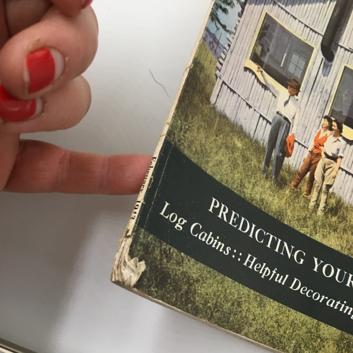 Close-up image of the February 1943 American Home Magazine showing the corner and binding with the title 'Predicting Your Future Home' and visible wear indicative of its vintage age.