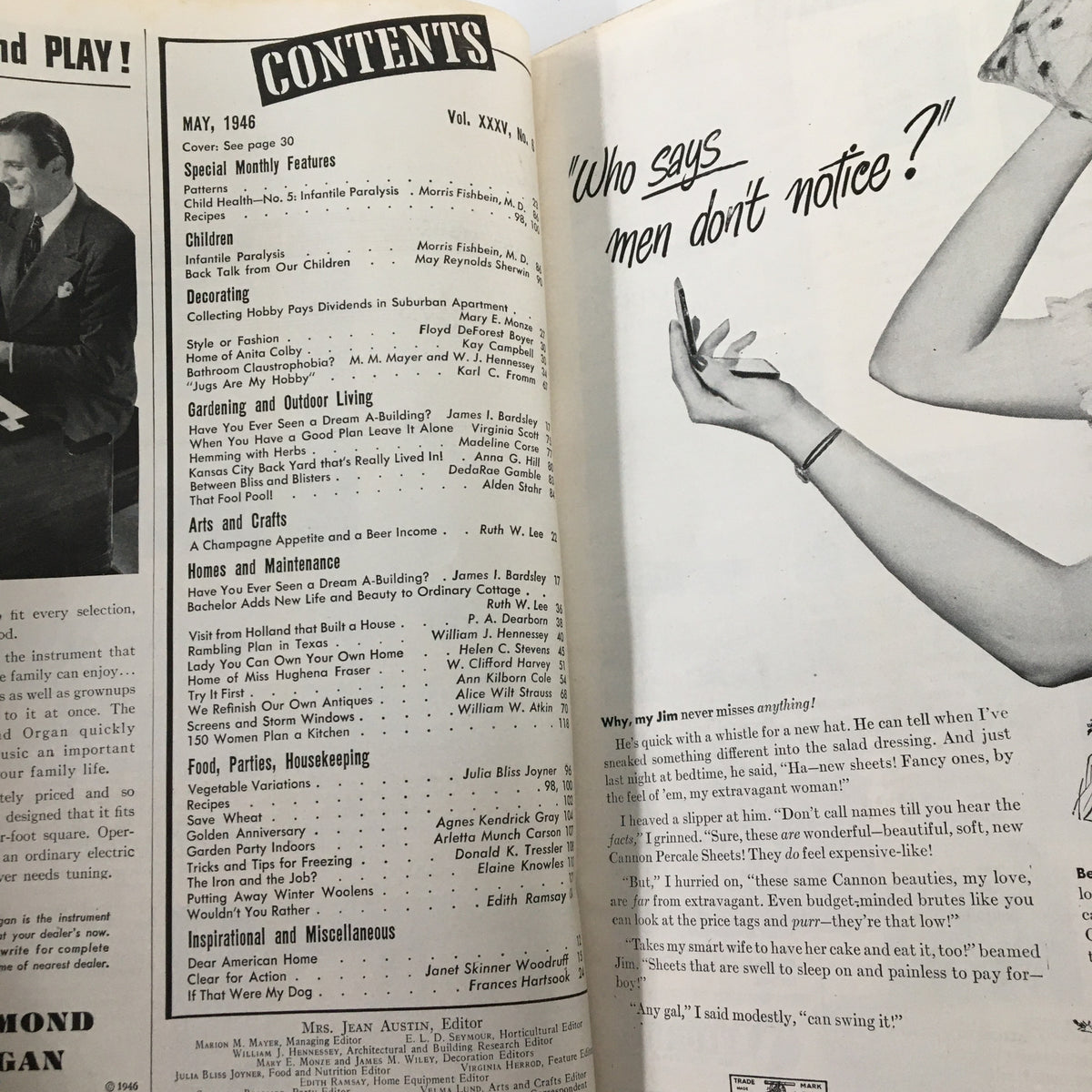 Contents page of VTG The American Home Magazine May 1946, listing articles and features related to mid-century American home and lifestyle.