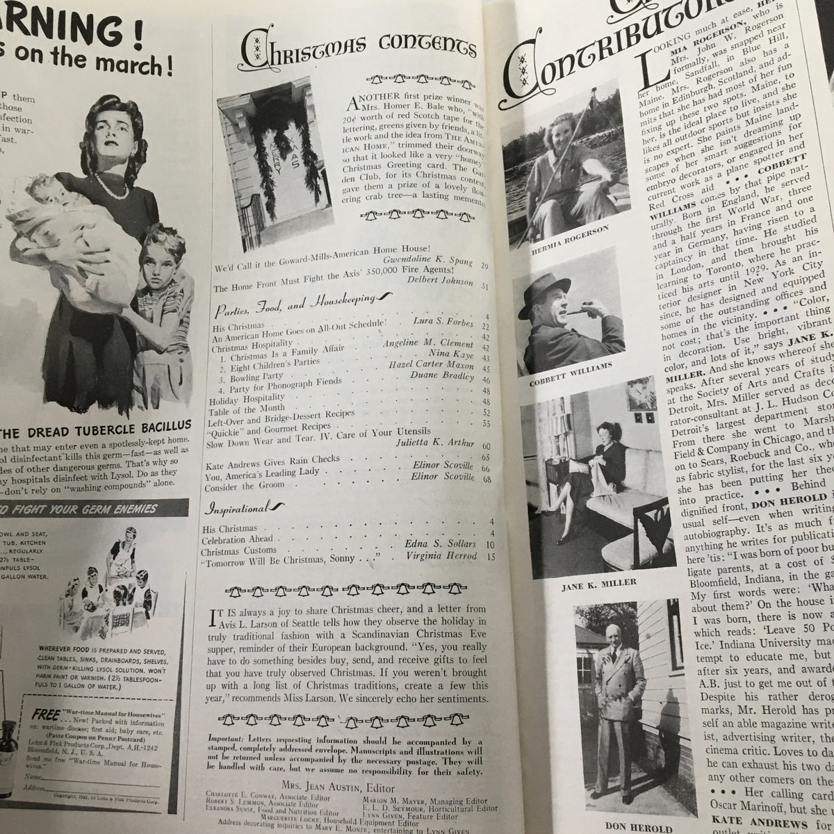 Interior page of VTG The American Home Magazine December 1942 with contents listed for the holiday issue 'Tomorrow Will Be Christmas Sonny.' Showcases articles and contributors reflecting on Christmas traditions during WWII.