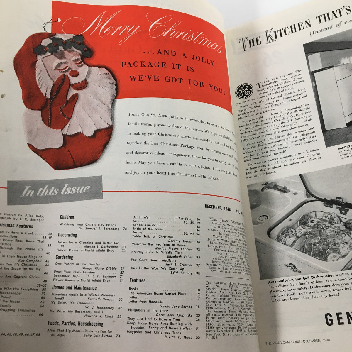 Interior page of VTG The American Home Magazine December 1948 showcasing Christmas greetings and features. Includes information on gardening, home decorating, and family activities, highlighting vintage style and mid-century American life.