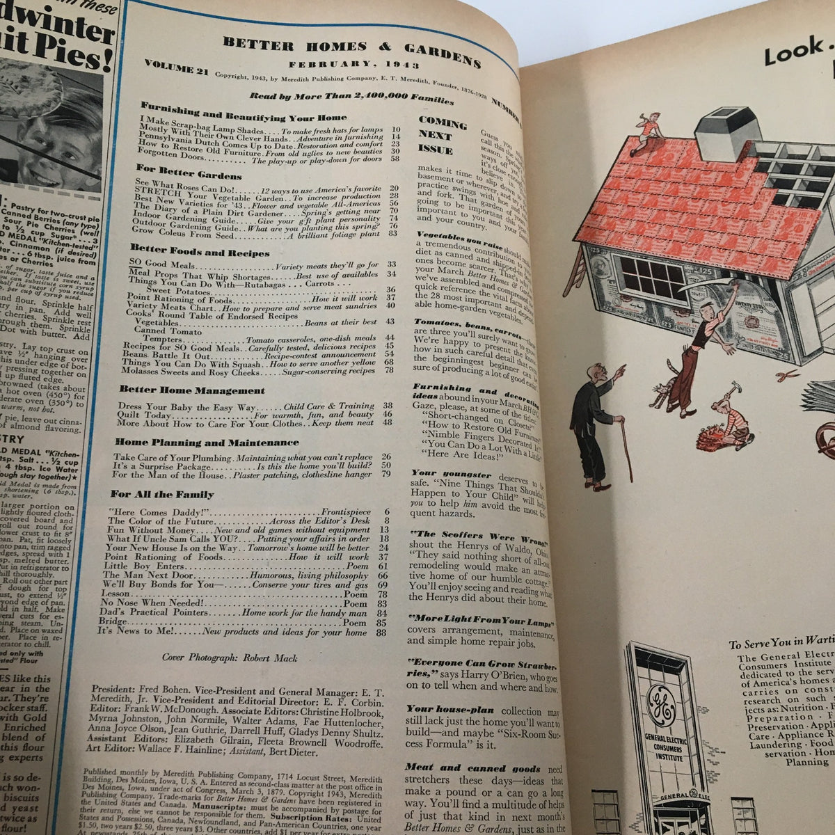 Table of contents page from the VTG Better Homes & Gardens Magazine February 1943, listing articles on home management and design, essential for enthusiasts of vintage home decor.