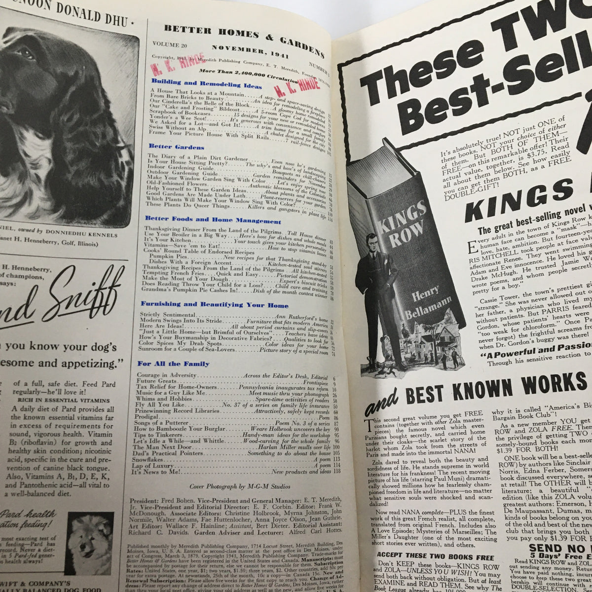 Inside page of VTG Better Homes & Gardens Magazine November 1941 showcasing articles and advertisements related to home management, gardening, and Thanksgiving recipes.