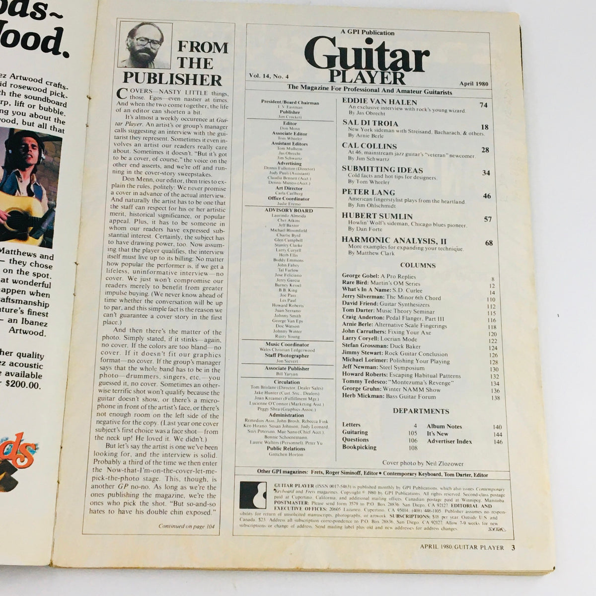 Interior page of Guitar Player Magazine April 1980 detailing contents and contributors including Eddie Van Halen, Peter Lang, and Cal Collins.