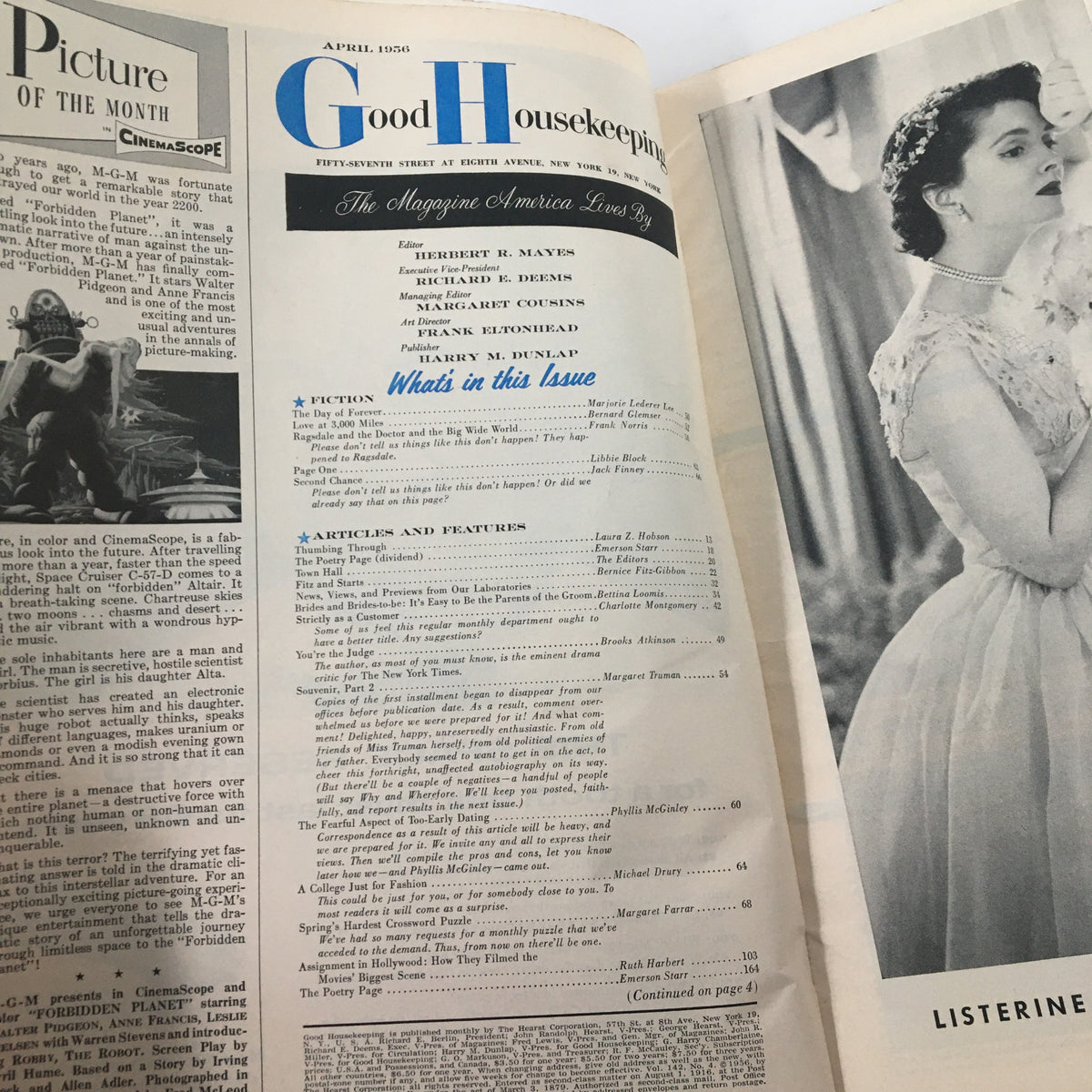 Interior page of VTG Good Housekeeping Magazine April 1956 showcasing the table of contents, emphasizing articles on relationships and lifestyle, reflecting mid-century Americana.