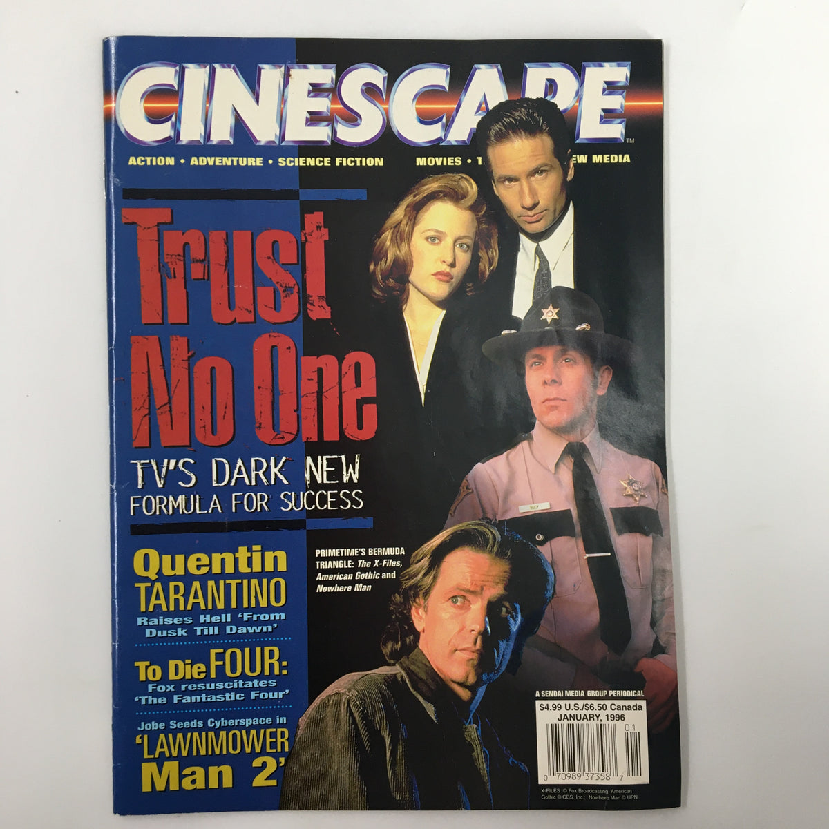 Cinsescape Magazine January 1996 cover featuring prominently the title 'Trust No One' and showcasing actors from The X-Files, along with highlights of TV shows like American Gothic and Nowhere Man.