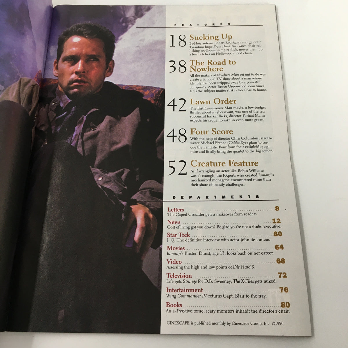 Inside page of Cinsescape Magazine January 1996, listing featured articles including 'The Road to Nowhere' and 'Lawn Order', capturing the essence of 90s television culture.