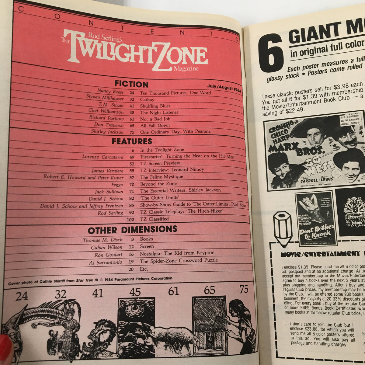 Contents page of the Twilight Zone Magazine August 1984 listing articles, fiction, and features including interviews with Leonard Nimoy and insights into the science fiction genre. Highlights cultural moments captured within this vintage magazine.
